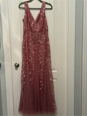 Ever Pretty Dusty Rose Embellished V-Neck Tulle Maxi Dress